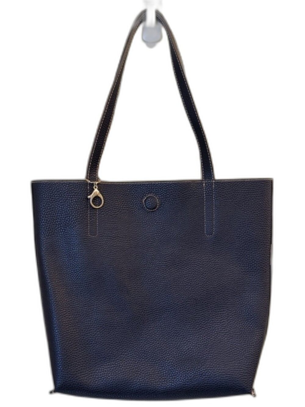 Reversible Navy & Cream Faux Pebbled Leather Tote Bag Magnetic Closure